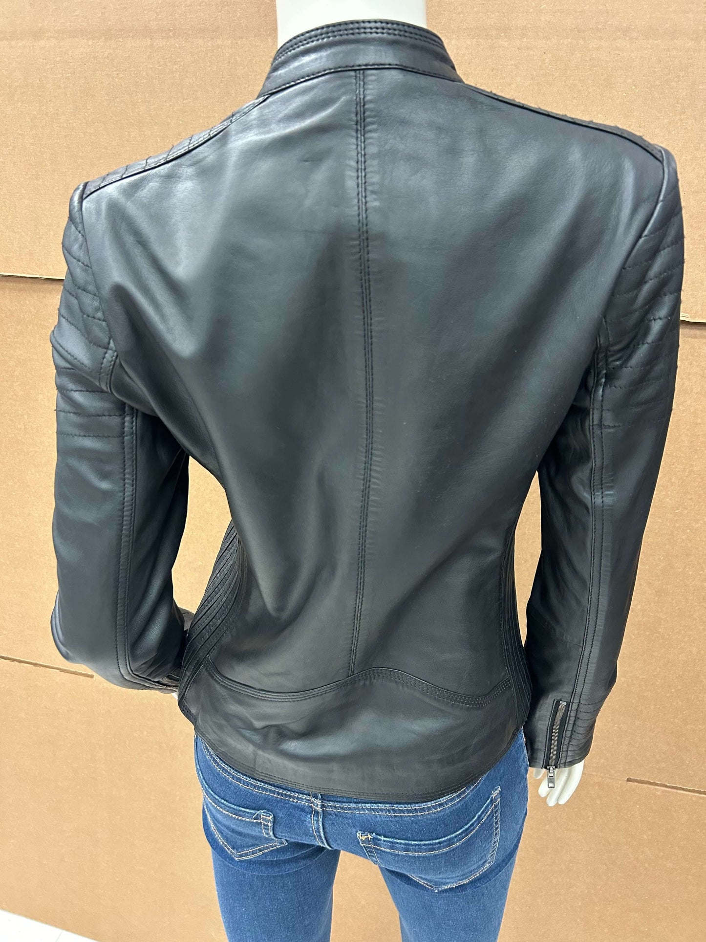 Black ladies moto style leather jacket back view Leather Outlet Canada