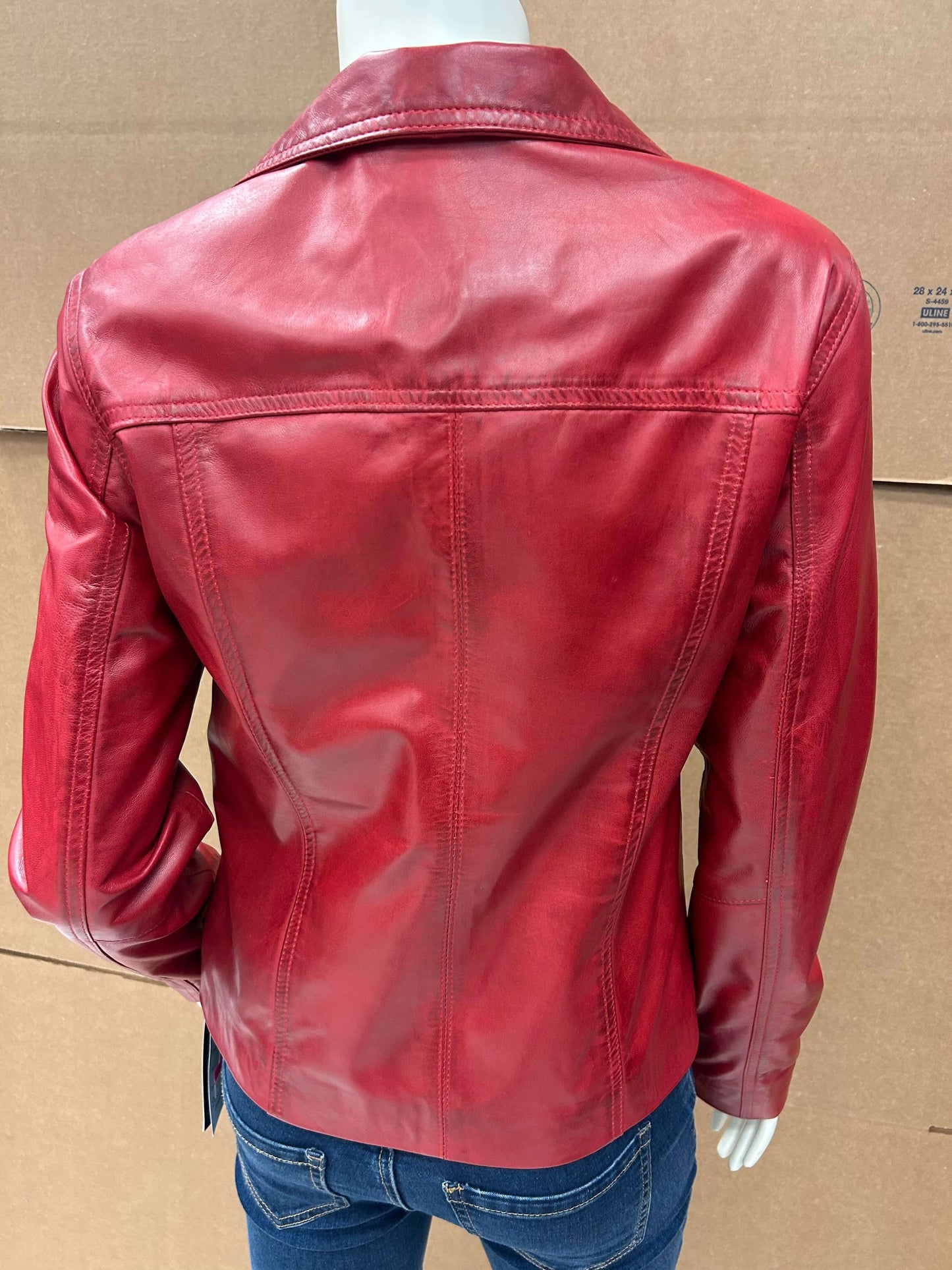 Red ladies genuine lambskin biker jacket back view Leather Outlet Canada