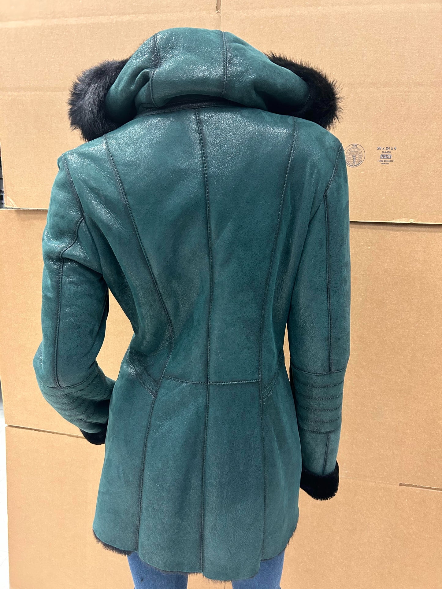 L-101 Ladies Sheepskin Shearling 3/4 Winter Jacket with Fox Fur Hood