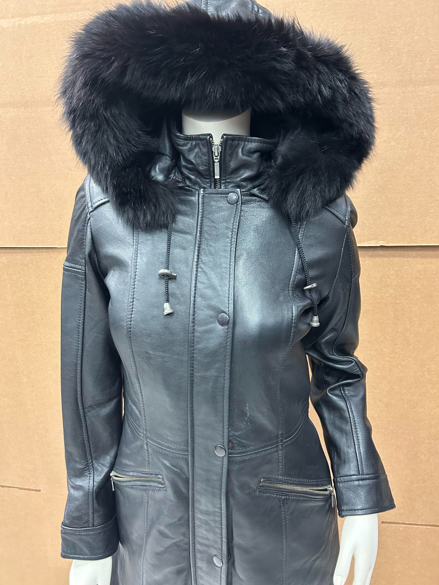 L-201 Black Ladies 3/4 Lambskin Leather Jacket with Hood
