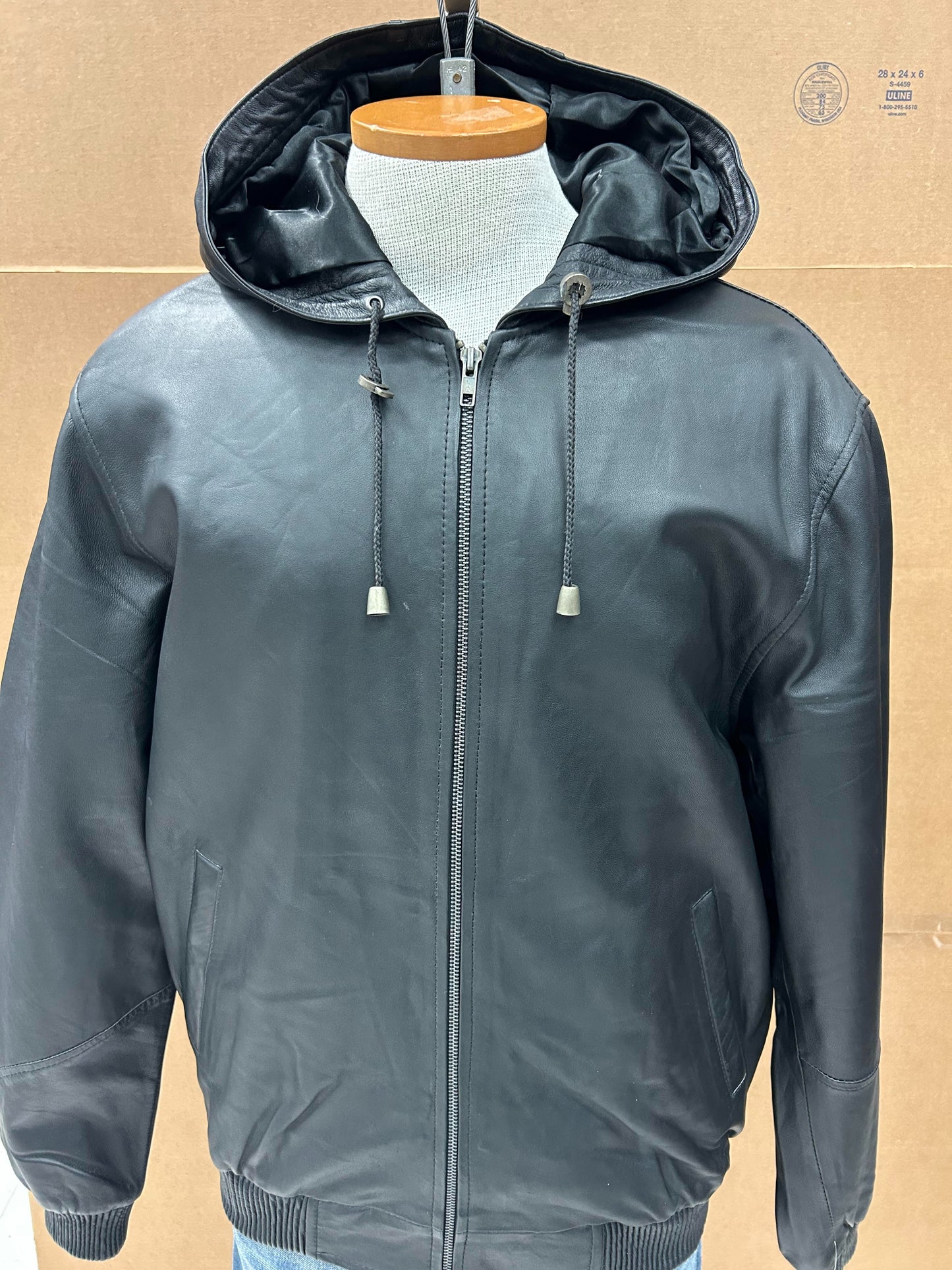 Men’s Baseball-Style Leather Jacket with Hood – M-2000, Lambskin, YKK Zipper