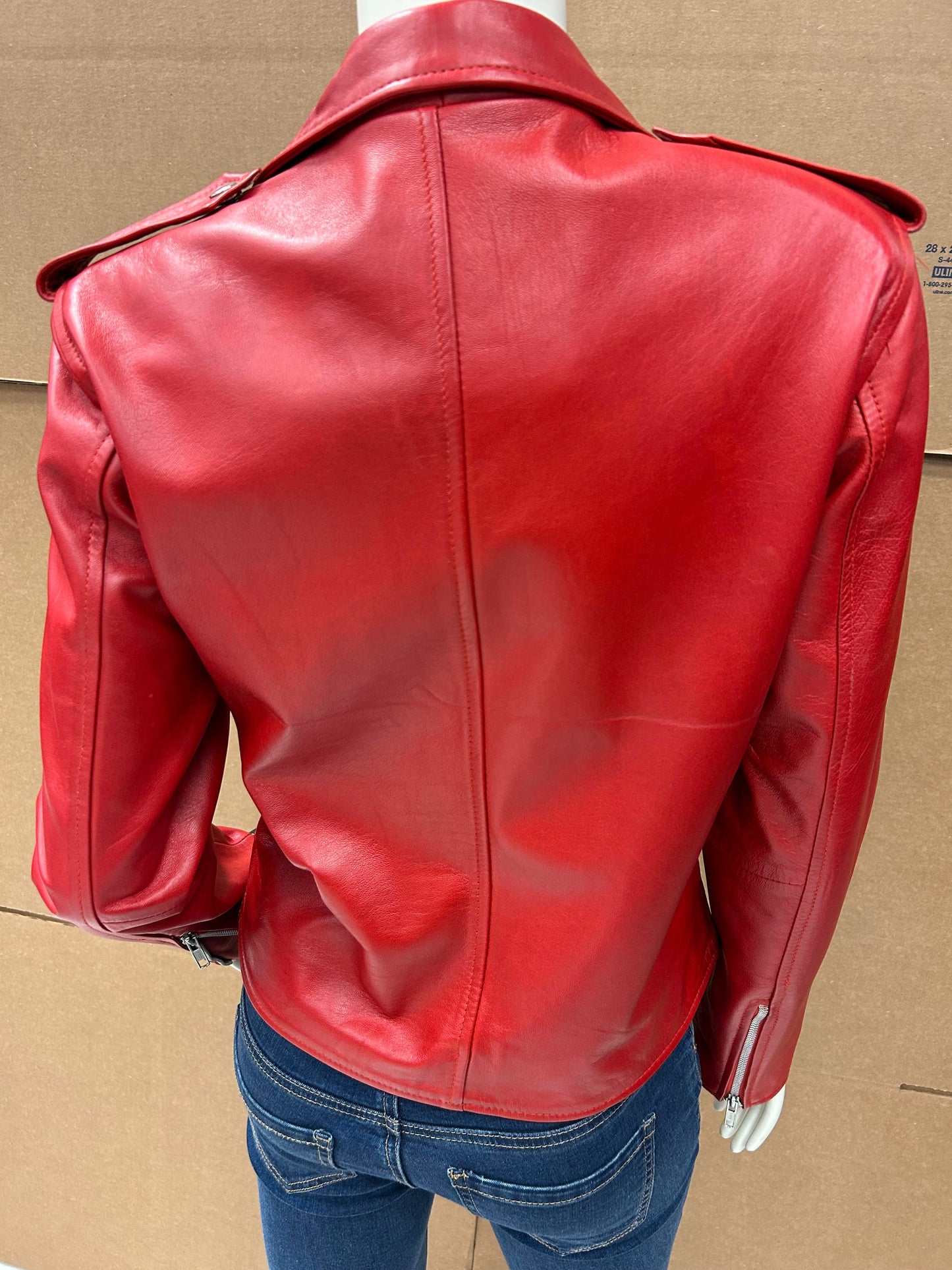 Ladies Red Biker Style Leather Jacket – Genuine Lambskin