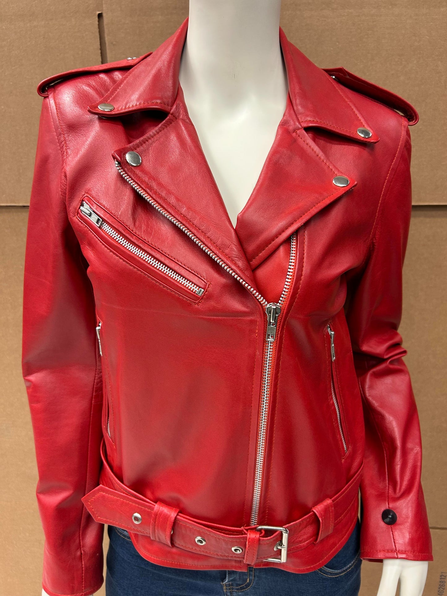 Ladies Red Biker Style Leather Jacket – Genuine Lambskin