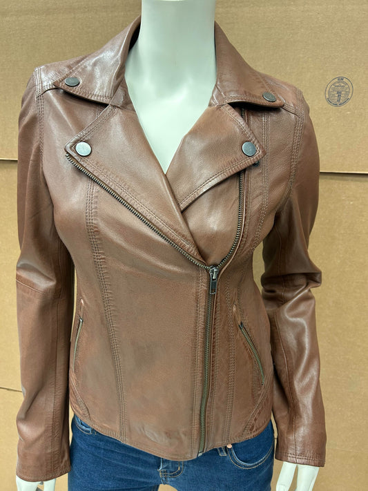L-1337 Cognac Ladies Moto-Style Leather Spring Jacket