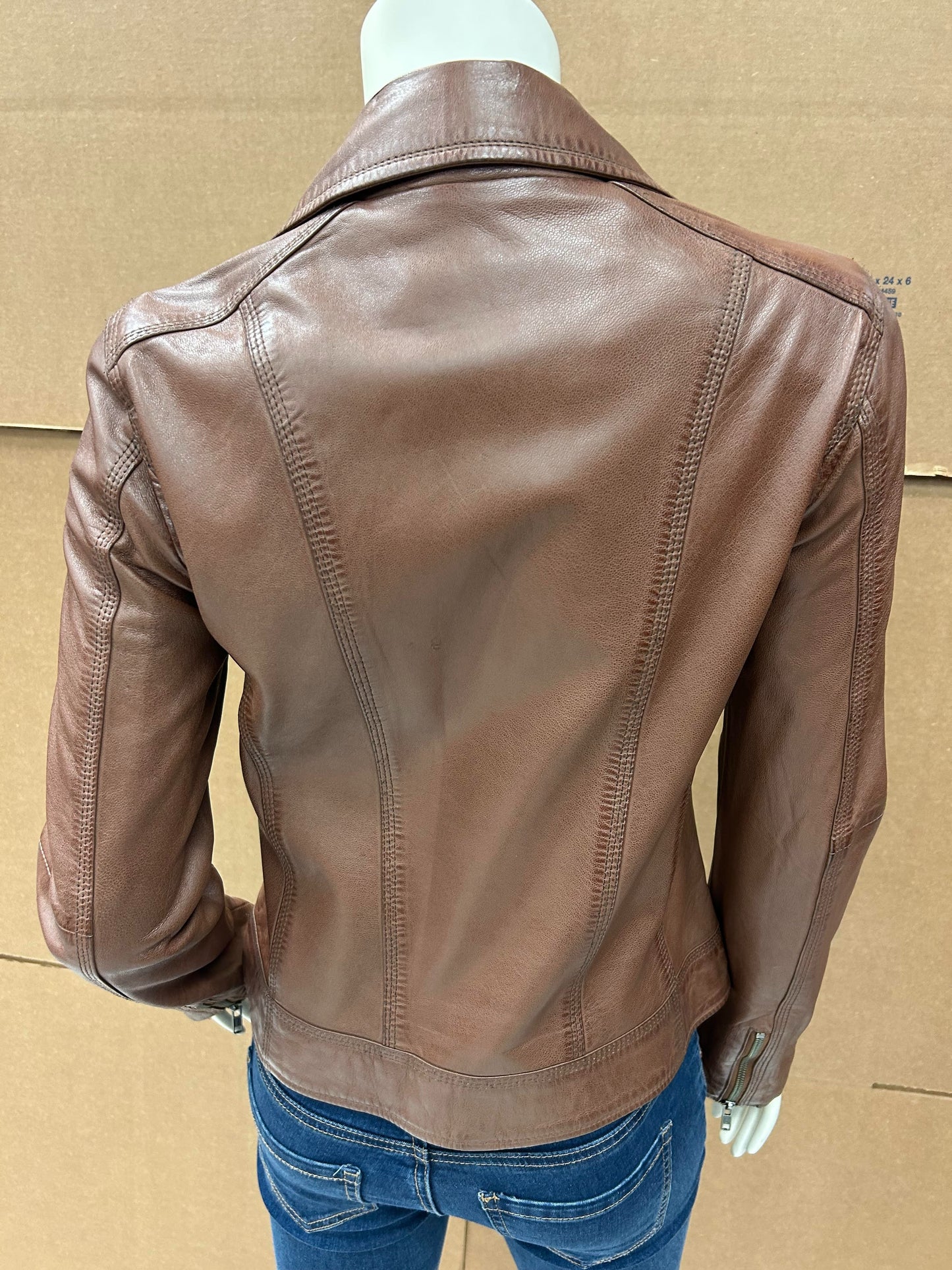 L-1337 Cognac Ladies Moto-Style Leather Spring Jacket
