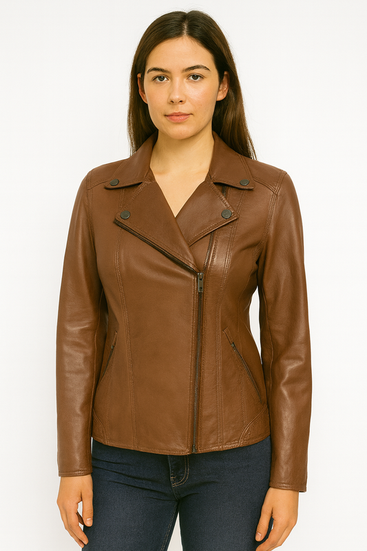 L-1337 Cognac Ladies Moto-Style Leather Spring Jacket