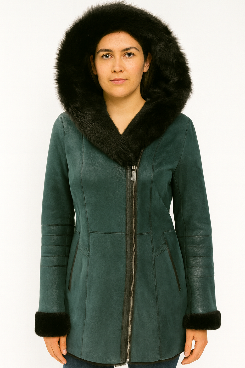 L-101 Ladies Sheepskin Shearling 3/4 Winter Jacket with Fox Fur Hood