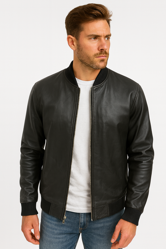 Men’s Black Baseball Style Leather Jacket – Premium Lambskin