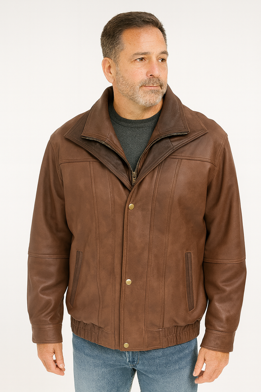 Men’s Black & Brown Bomber Leather Jacket – M-109, Lambskin, Removable Lining