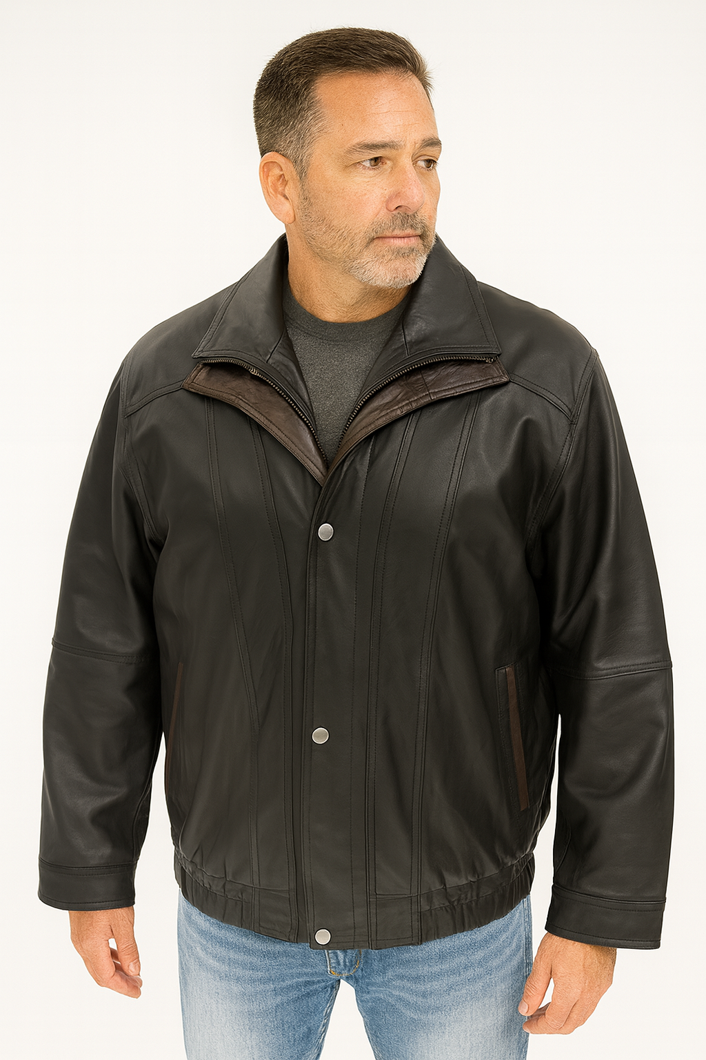 Men’s Black & Brown Bomber Leather Jacket – M-109, Lambskin, Removable Lining