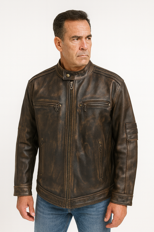 Men’s Antique Brown Leather Biker Jacket – M-920, Premium Cowhide