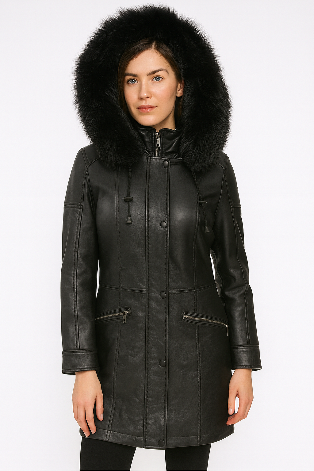 L-201 Black Ladies 3/4 Lambskin Leather Jacket with Hood