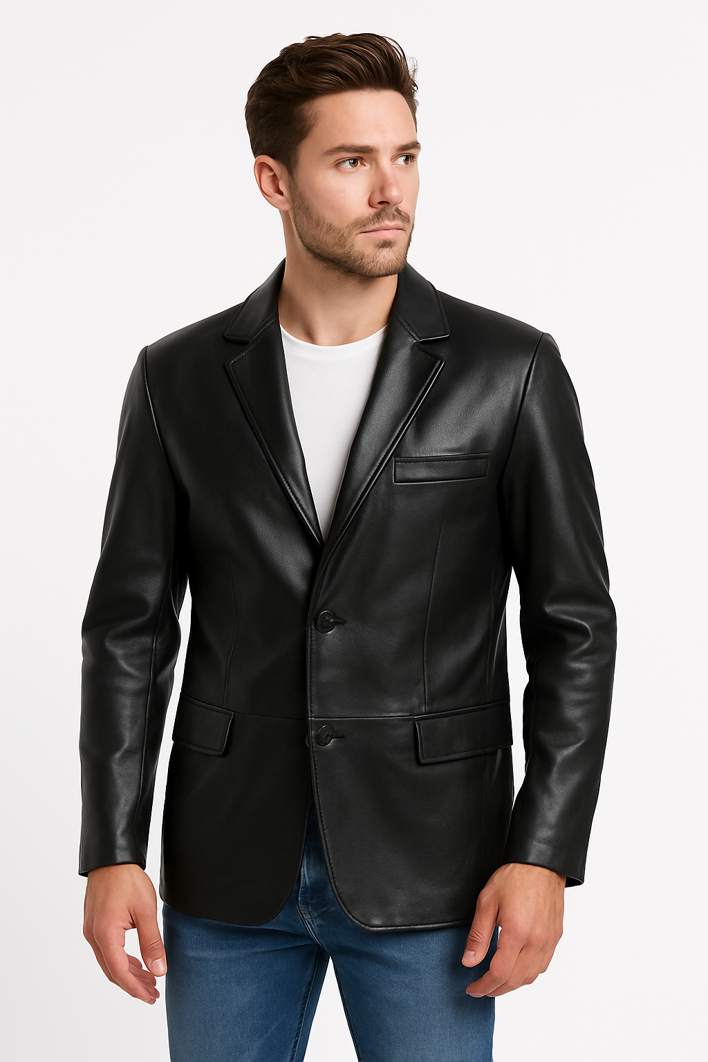 Men’s Black Lambskin Leather Blazer – M-717 | Premium 2-Button Evening Jacket