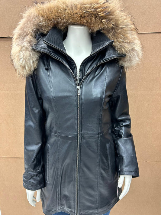 Leather Fur-Lined Hooded Jacket