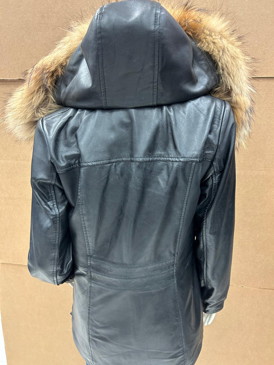 Leather Fur-Lined Hooded Jacket